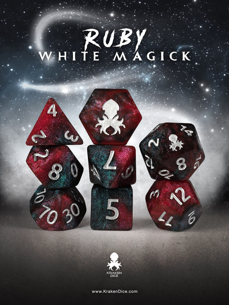 Ruby White Magick 8pc Dice Set inked in Silver